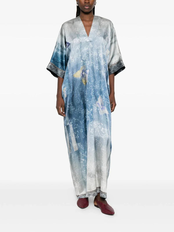 V-neck short sleeves Printed silk dress