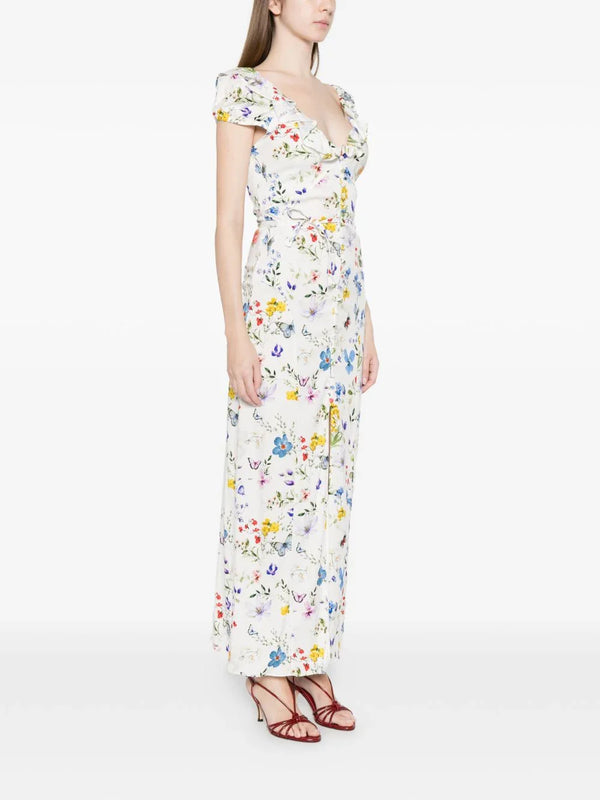 Alice + Olivia Alice + Olivia V-neck ruffles slit Tara printed long dress
