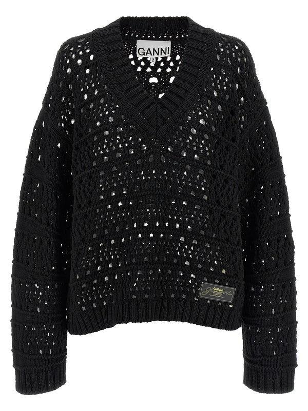 Ganni Ganni Black Crochet V-neck Sweater