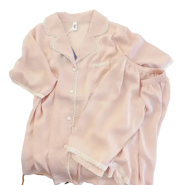 Summer Cotton Pajama Set – Short Sleeve Two-Piece Pink Sleepwear Short Sleeve Two-Piece Pink Sleepwear