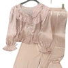 Women’s Silk Satin 2PCS Pajama Set – Ruffled Lace Sleepwear Pink Silk Satin 2PCS Pajama Set