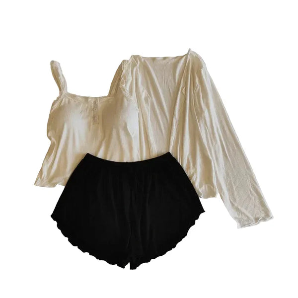 Modal Lace 3-Piece Pajama Set white2 black Modal Lace 3-Piece Pajama Set
