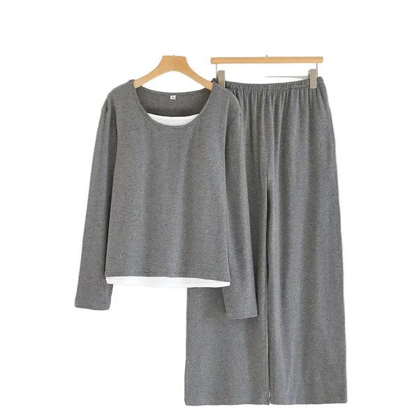 Women’s Cotton Pajama Set – Long Sleeve Two-Piece Spring & Autumn Nightwear gray Cotton Pajama Set
