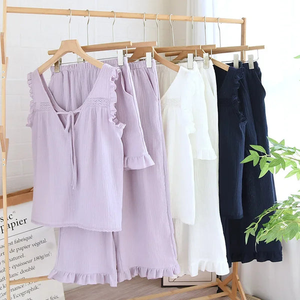 Women’s 3-Piece Cotton Pajama Set – Sleeveless Summer Women’s 3-Piece Cotton Pajama Set
