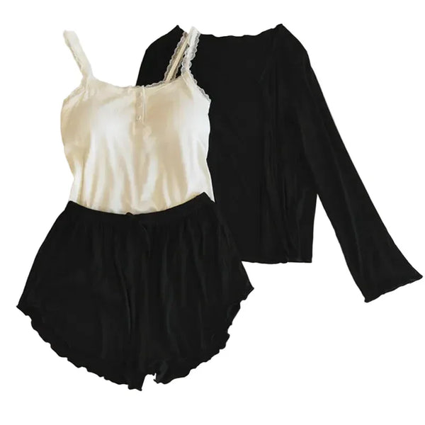 Modal Lace 3-Piece Pajama Set white black2 Modal Lace 3-Piece Pajama Set