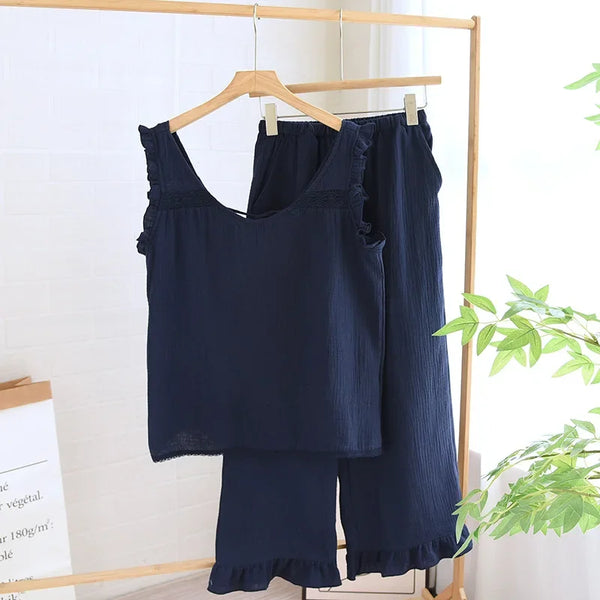 Women’s 3-Piece Cotton Pajama Set – Sleeveless Summer Women’s 3-Piece Cotton Pajama Set