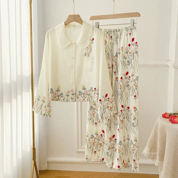 Women’s Satin 2-Piece Pajama Set – V-Neck Loose Loungewear Beige Satin 2-Piece Pajama Set