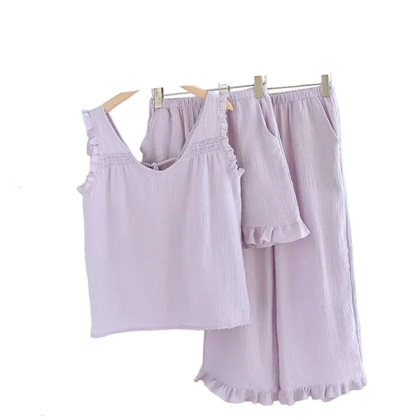 Women’s 3-Piece Cotton Pajama Set – Sleeveless Summer purple Women’s 3-Piece Cotton Pajama Set
