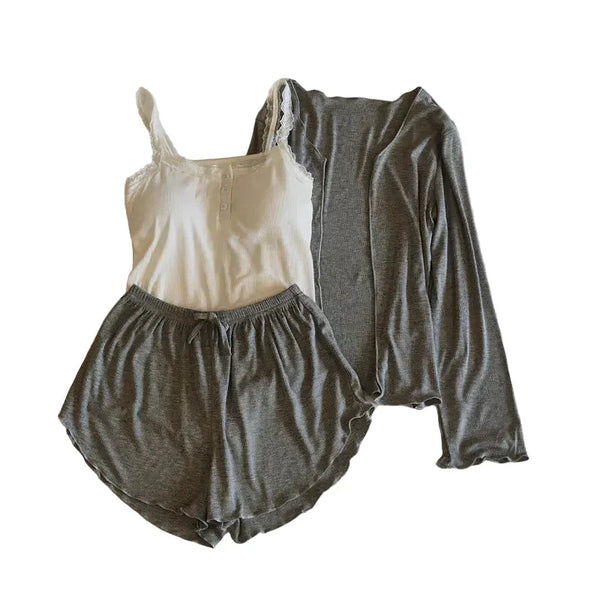 Modal Lace 3-Piece Pajama Set white grey Modal Lace 3-Piece Pajama Set