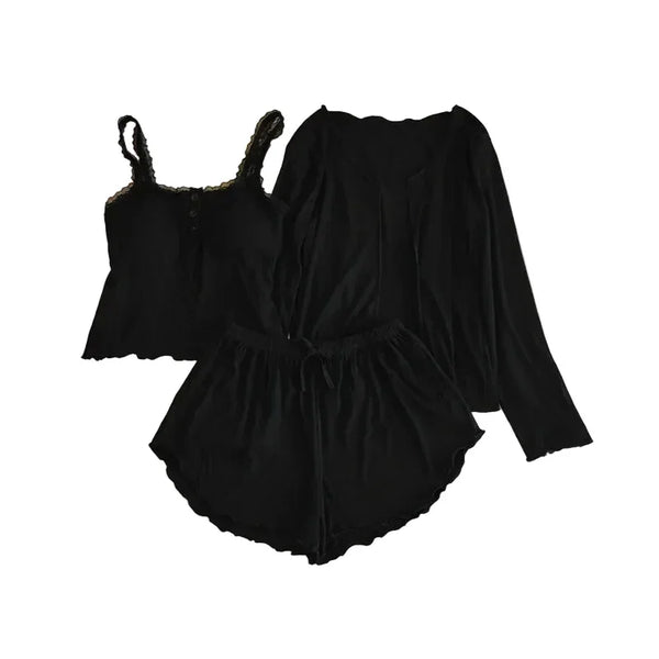 Modal Lace 3-Piece Pajama Set black Modal Lace 3-Piece Pajama Set