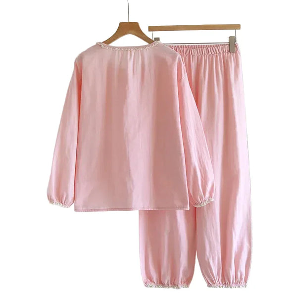 Women’s Gauze Cotton Pajama Set – Long Sleeve & Pants Spring Autumn