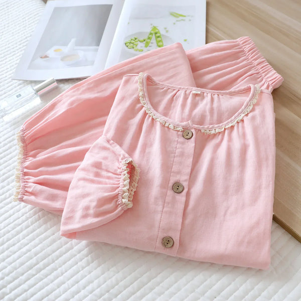 Women’s Gauze Cotton Pajama Set – Long Sleeve & Pants Spring Autumn