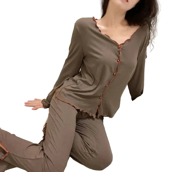 Women's Solid Color Button Long-sleeved Cardigan Elastic High Waist Casual Fashion Trousers Pajamas Set