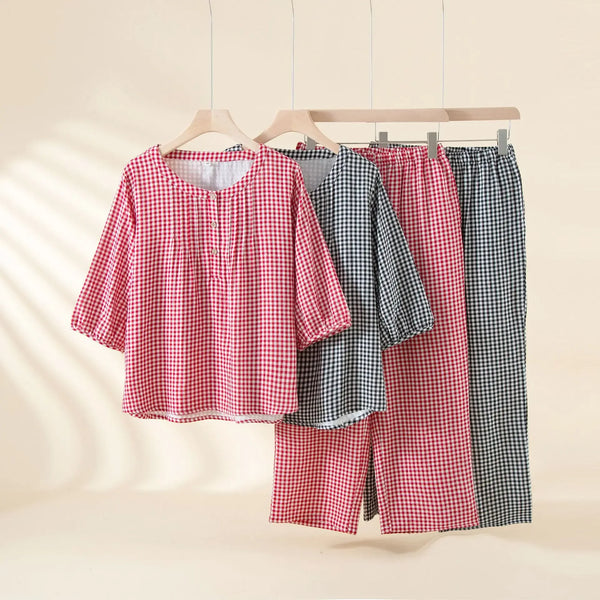 Cotton Plaid 3/4 Sleeve Pajama Set Cotton Plaid 3/4 Sleeve Pajama Set