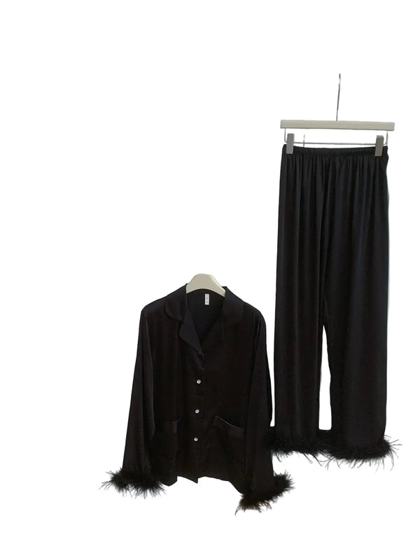 Feather Trim Silk Pajama Set for Women black Feather A Silk Pajama Set