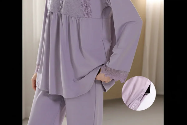 Modal Cotton Pajamas for Women Long-sleeved V-neck Home Clothes Elegant Lace Can Be Worn on the Outside Loose Suit