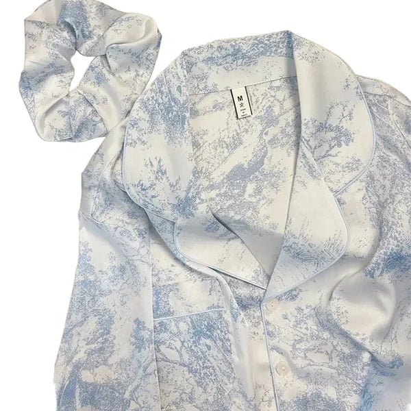 Feather Trim Silk Pajama Set for Women Blue Print B Silk Pajama Set