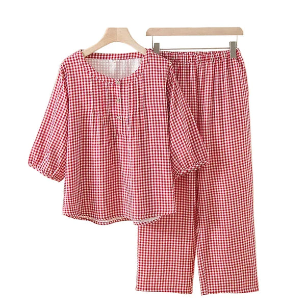 Cotton Plaid 3/4 Sleeve Pajama Set Red Cotton Plaid 3/4 Sleeve Pajama Set