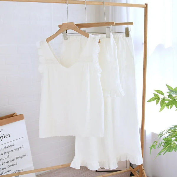 Women’s 3-Piece Cotton Pajama Set – Sleeveless Summer white Women’s 3-Piece Cotton Pajama Set