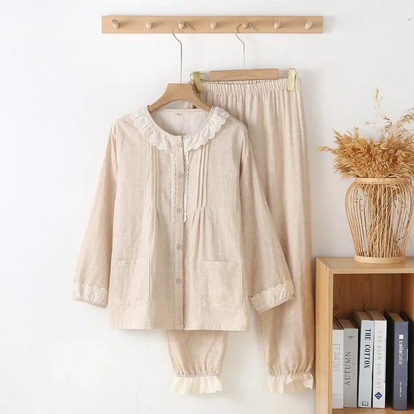 Women’s 2-Piece Cotton Pajama Set – Loose Nightwear beige Women’s 2-Piece Cotton Pajama Set