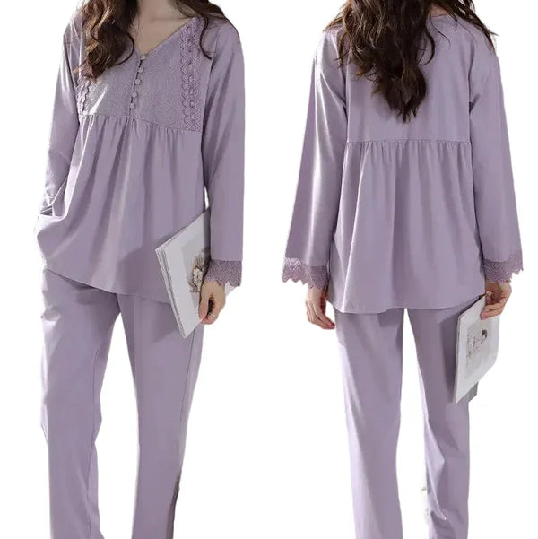 Modal Cotton Pajamas for Women Long-sleeved V-neck Home Clothes Elegant Lace Can Be Worn on the Outside Loose Suit