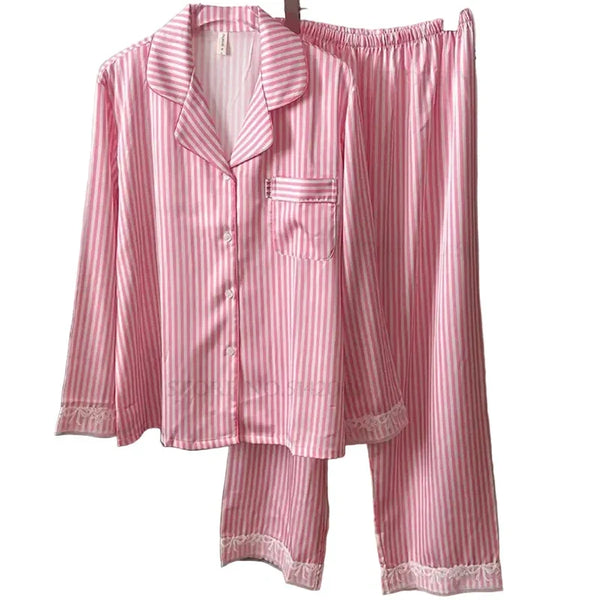 Women’s Pink Striped 2PCS Satin Pajama Set Pink Striped 2PCS Satin Pajama Set