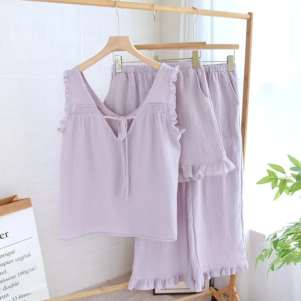 Women’s 3-Piece Cotton Pajama Set – Sleeveless Summer Women’s 3-Piece Cotton Pajama Set