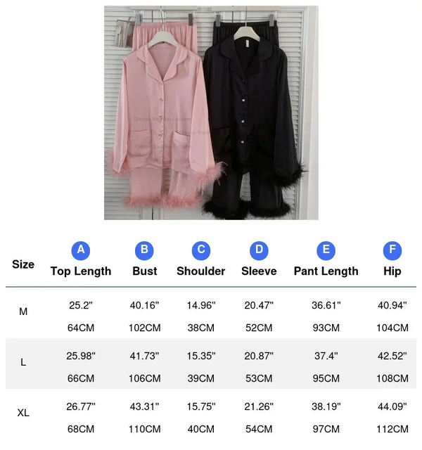 Feather Trim Silk Pajama Set for Women Silk Pajama Set