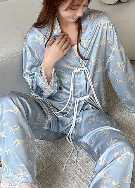 Women’s Satin Floral Pajama Set – 2-Piece Lounge Wea Blue Women’s Satin Floral Pajama Set