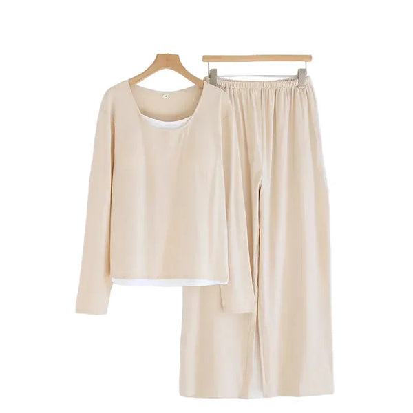Women’s Cotton Pajama Set – Long Sleeve Two-Piece Spring & Autumn Nightwear beige Cotton Pajama Set