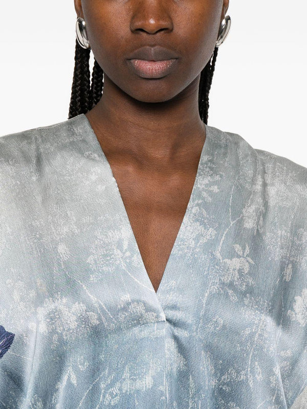 V-neck short sleeves Printed silk dress