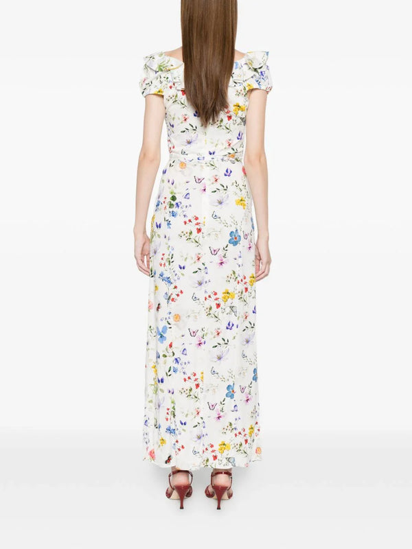 Alice + Olivia Alice + Olivia V-neck ruffles slit Tara printed long dress