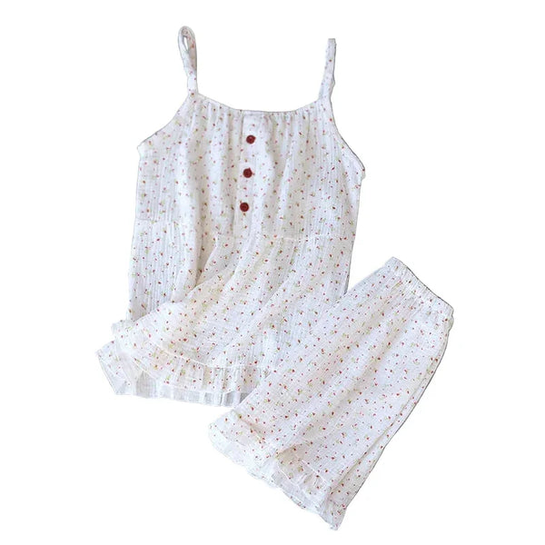 Women’s Cotton Gauze Pajama Set – Sleeveless Summer Sleepwear white Women’s Cotton Gauze Pajama Set