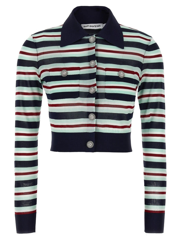 Self-Portrait Self-Portrait Self Portrait Navy Striped Viscose Knit Cardigan Knitwear