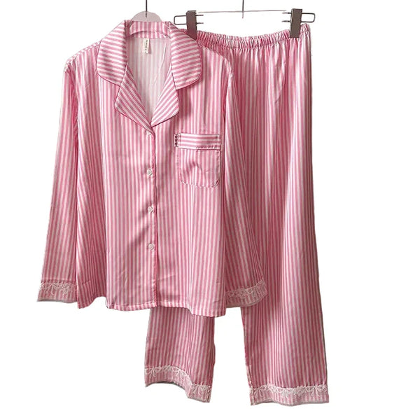 Women’s Pink Striped 2PCS Satin Pajama Set Pink Stripe Pink Striped 2PCS Satin Pajama Set