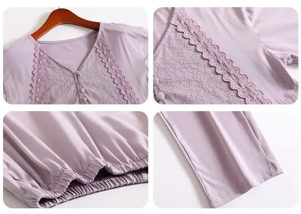 Modal Cotton Pajamas for Women Long-sleeved V-neck Home Clothes Elegant Lace Can Be Worn on the Outside Loose Suit
