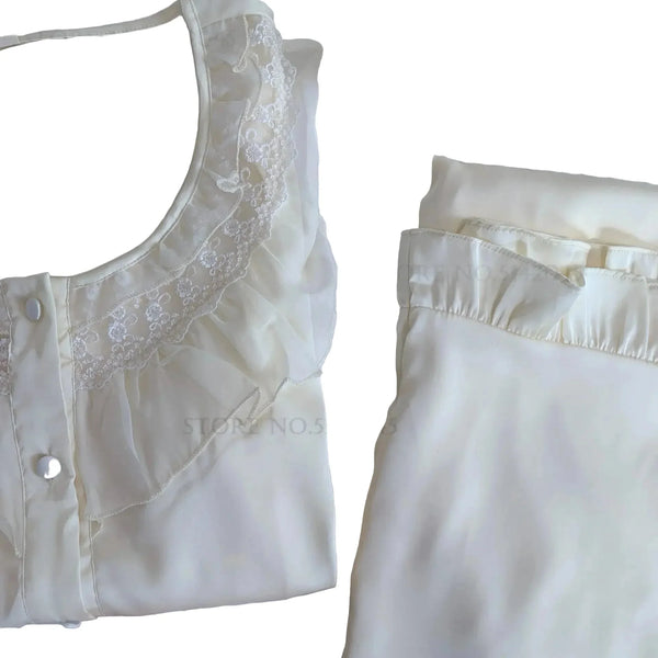 Women’s Silk Satin 2PCS Pajama Set – Ruffled Lace Sleepwear Silk Satin 2PCS Pajama Set