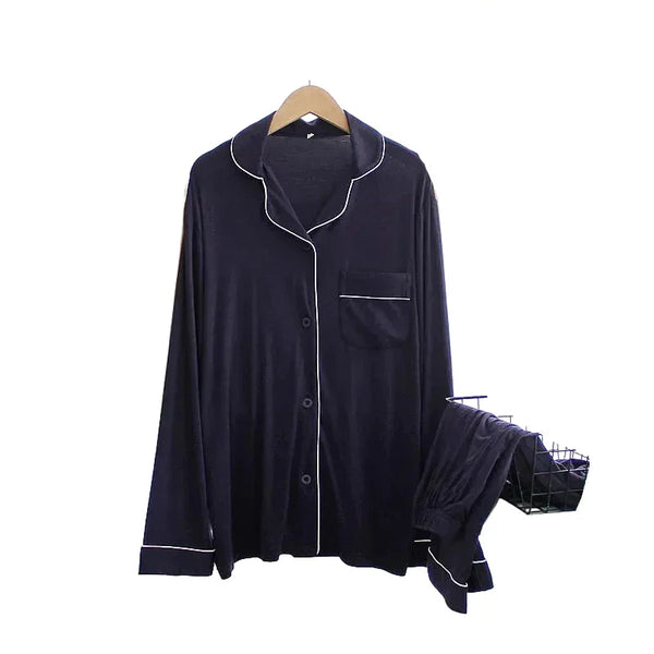 Modal Sleep Wear Women Pajamas Set Long-sleeved Long Trousers Women Home Clothes Plus Size Two-piece Suit for Homewear Blue