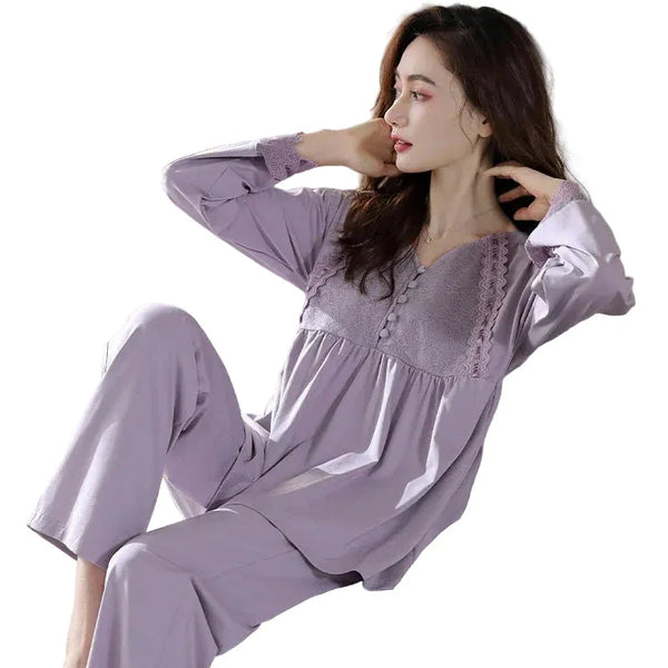 Modal Cotton Pajamas for Women Long-sleeved V-neck Home Clothes Elegant Lace Can Be Worn on the Outside Loose Suit