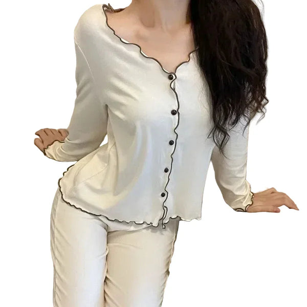 Women's Solid Color Button Long-sleeved Cardigan Elastic High Waist Casual Fashion Trousers Pajamas Set