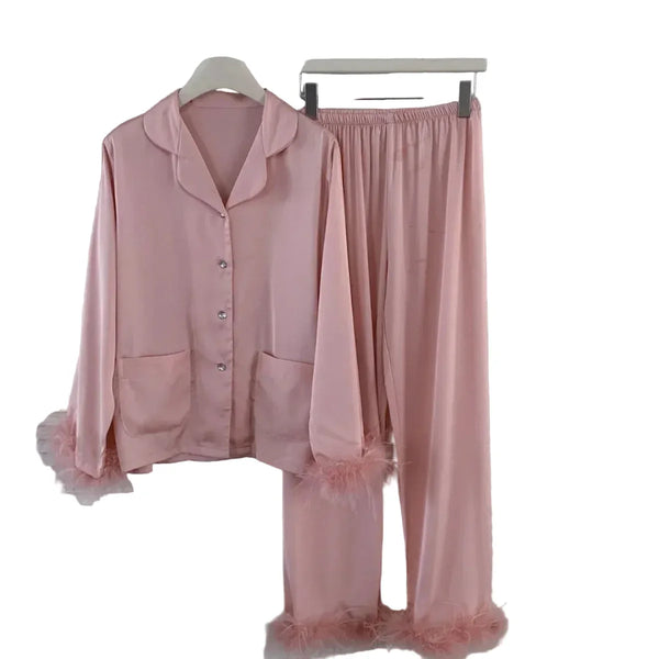 Feather Trim Silk Pajama Set for Women pink Feather A Silk Pajama Set