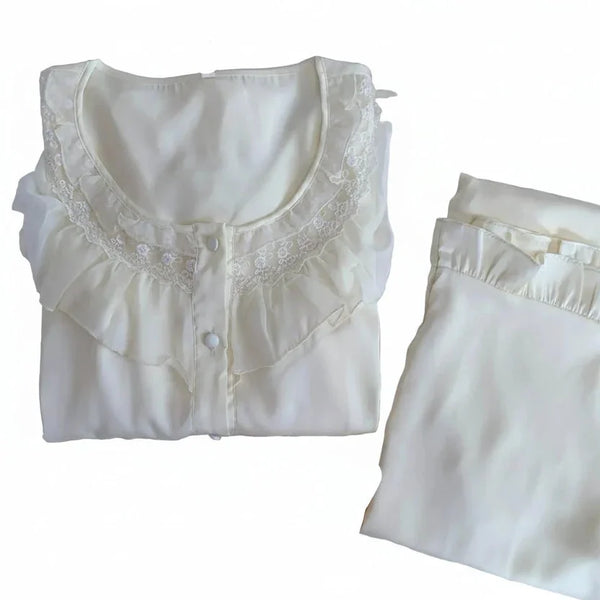 Women’s Silk Satin 2PCS Pajama Set – Ruffled Lace Sleepwear Silk Satin 2PCS Pajama Set