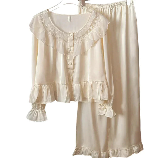 Women’s Silk Satin 2PCS Pajama Set – Ruffled Lace Sleepwear Beige Yellow Silk Satin 2PCS Pajama Set