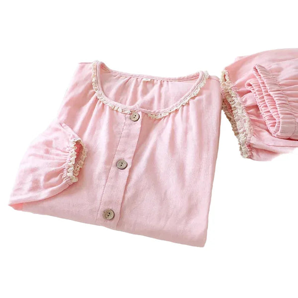 Women’s Gauze Cotton Pajama Set – Long Sleeve & Pants Spring Autumn