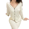 Women's Solid Color Button Long-sleeved Cardigan Elastic High Waist Casual Fashion Trousers Pajamas Set