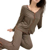 Women's Solid Color Button Long-sleeved Cardigan Elastic High Waist Casual Fashion Trousers Pajamas Set