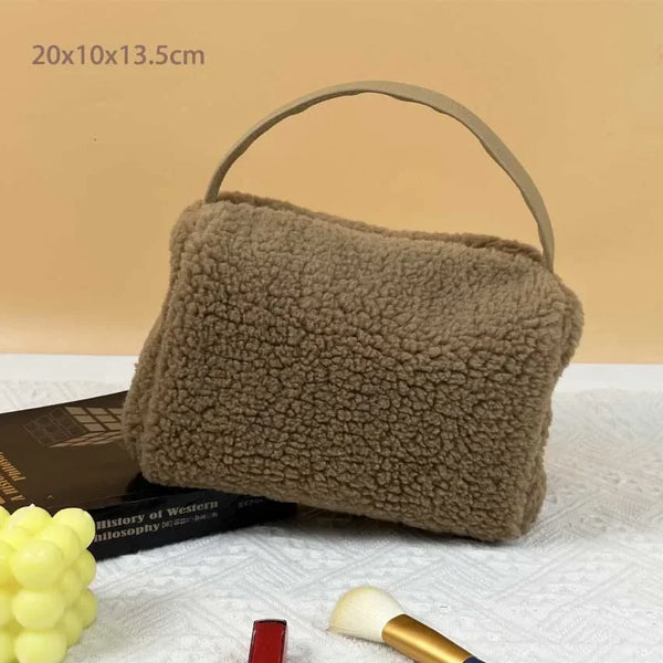 Winter Cosmetic Pouch Khaki Fluffy Travel Cosmetic Bag