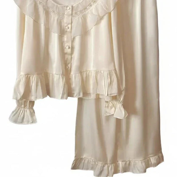Women’s Silk Satin 2PCS Pajama Set – Ruffled Lace Sleepwear Silk Satin 2PCS Pajama Set
