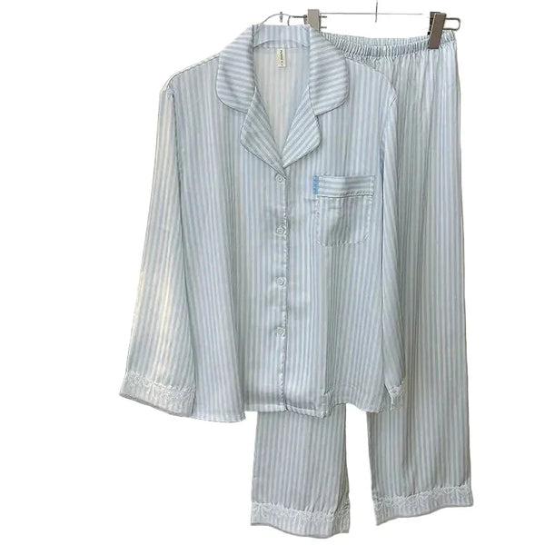 Women’s Pink Striped 2PCS Satin Pajama Set Blue Stripe Pink Striped 2PCS Satin Pajama Set