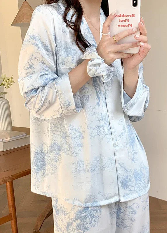Women’s Satin Floral Pajama Set – 2-Piece Lounge Wea Light Blue Women’s Satin Floral Pajama Set